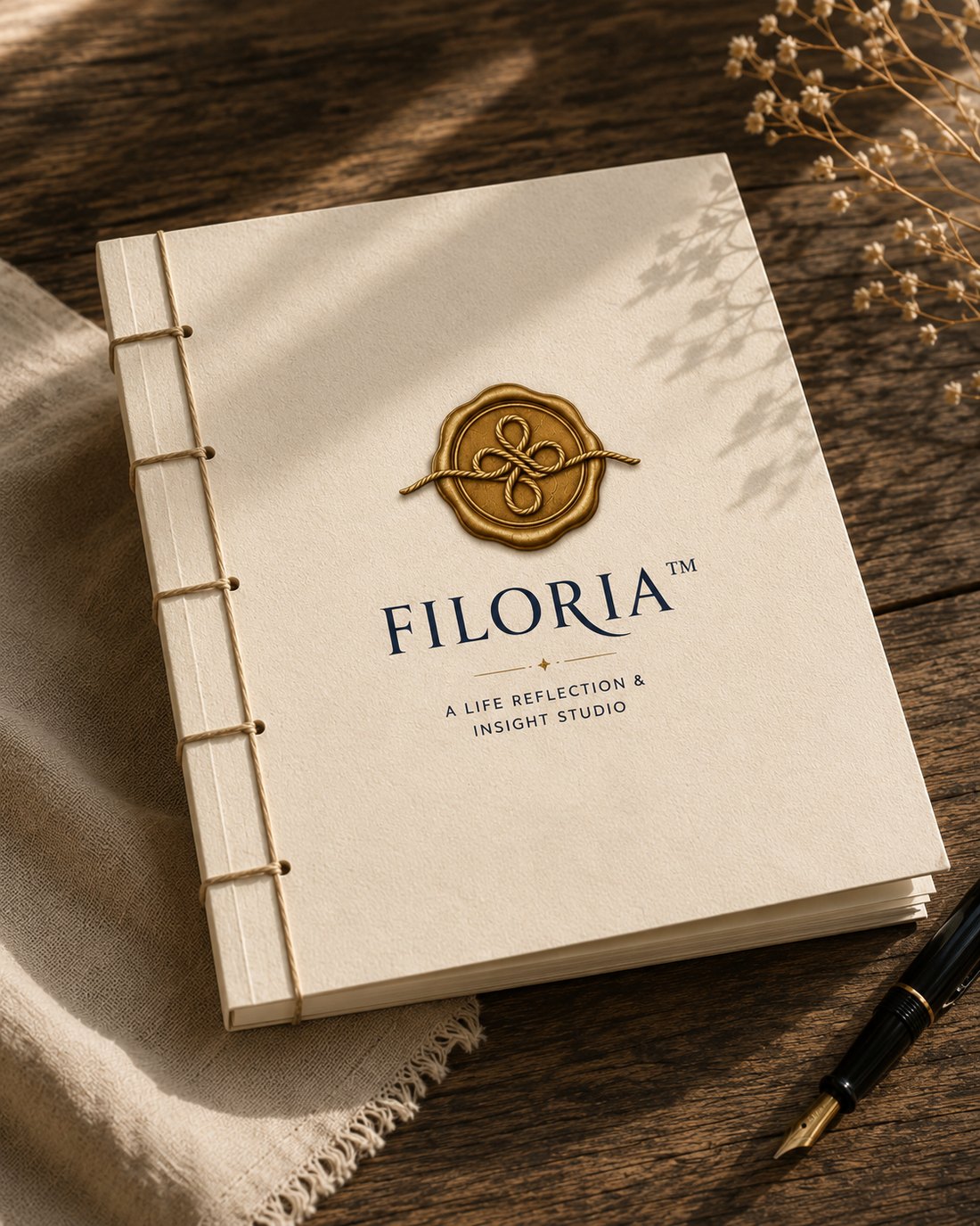 A Personal Pattern Atlas, hand bound in cream board with the Filoria wax seal, resting on a wooden table