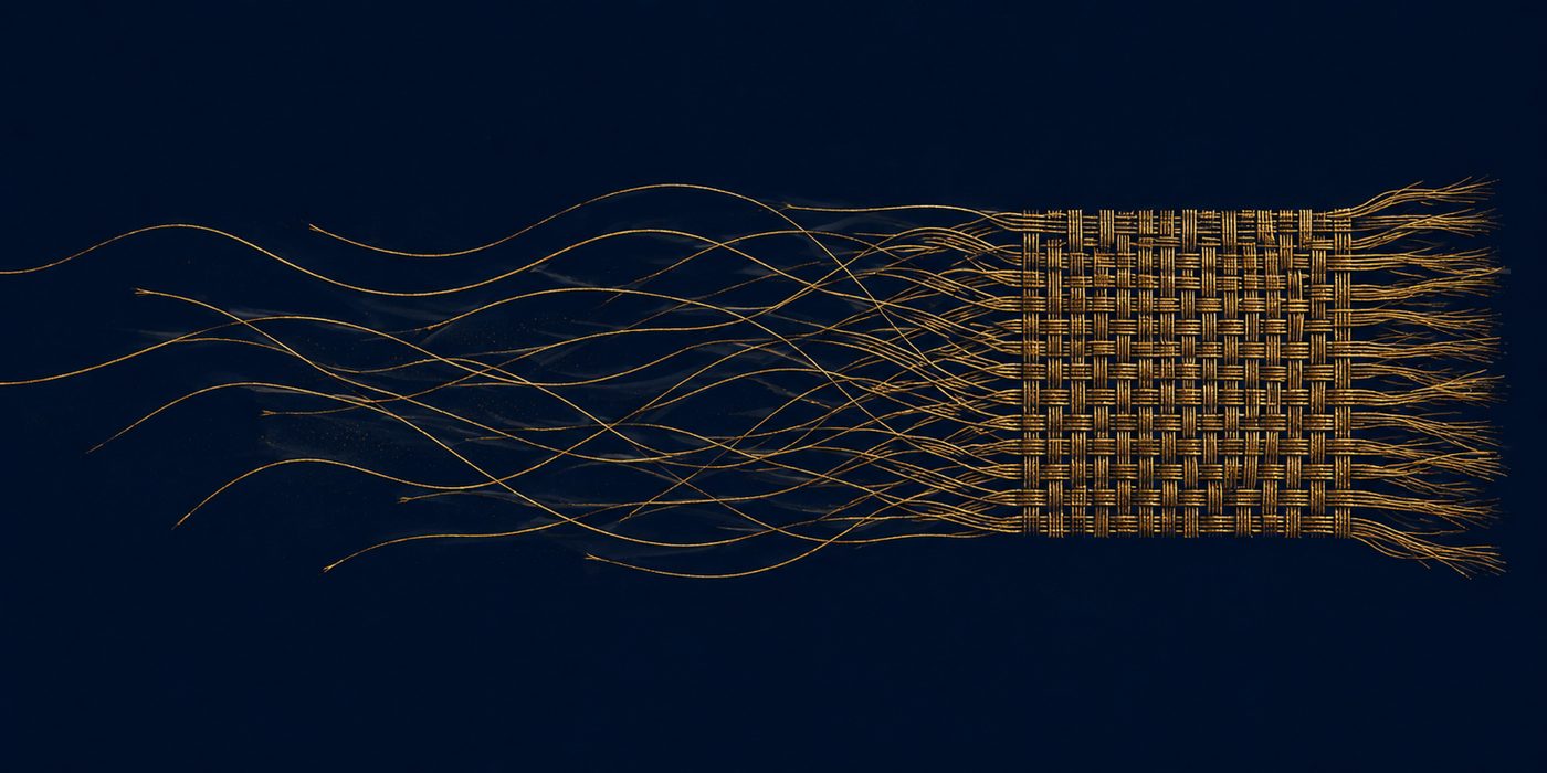 Gold threads converging into a woven pattern on a navy background